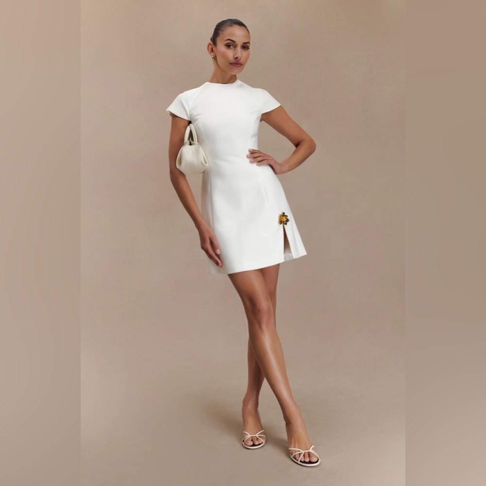 Meshki White Cap-Sleeve Mini Dress with Gold Accent